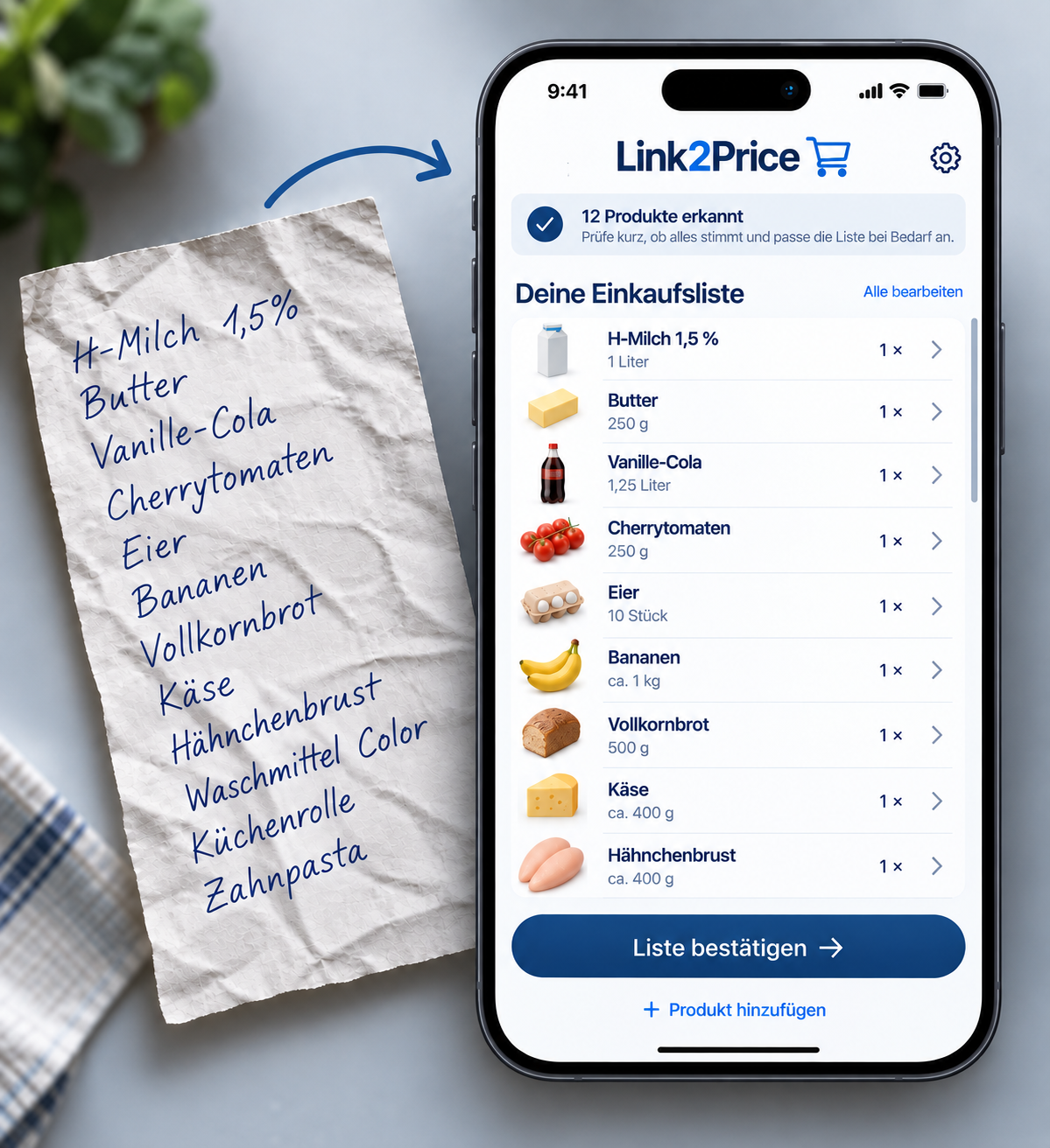 Link2Price Konzeptansicht: Einkaufszettel fotografieren und Einkaufsliste prüfen