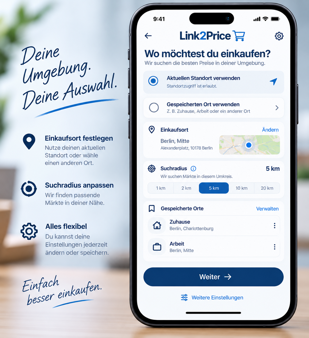 Link2Price Konzeptansicht: Einkaufsort und Suchradius auswählen