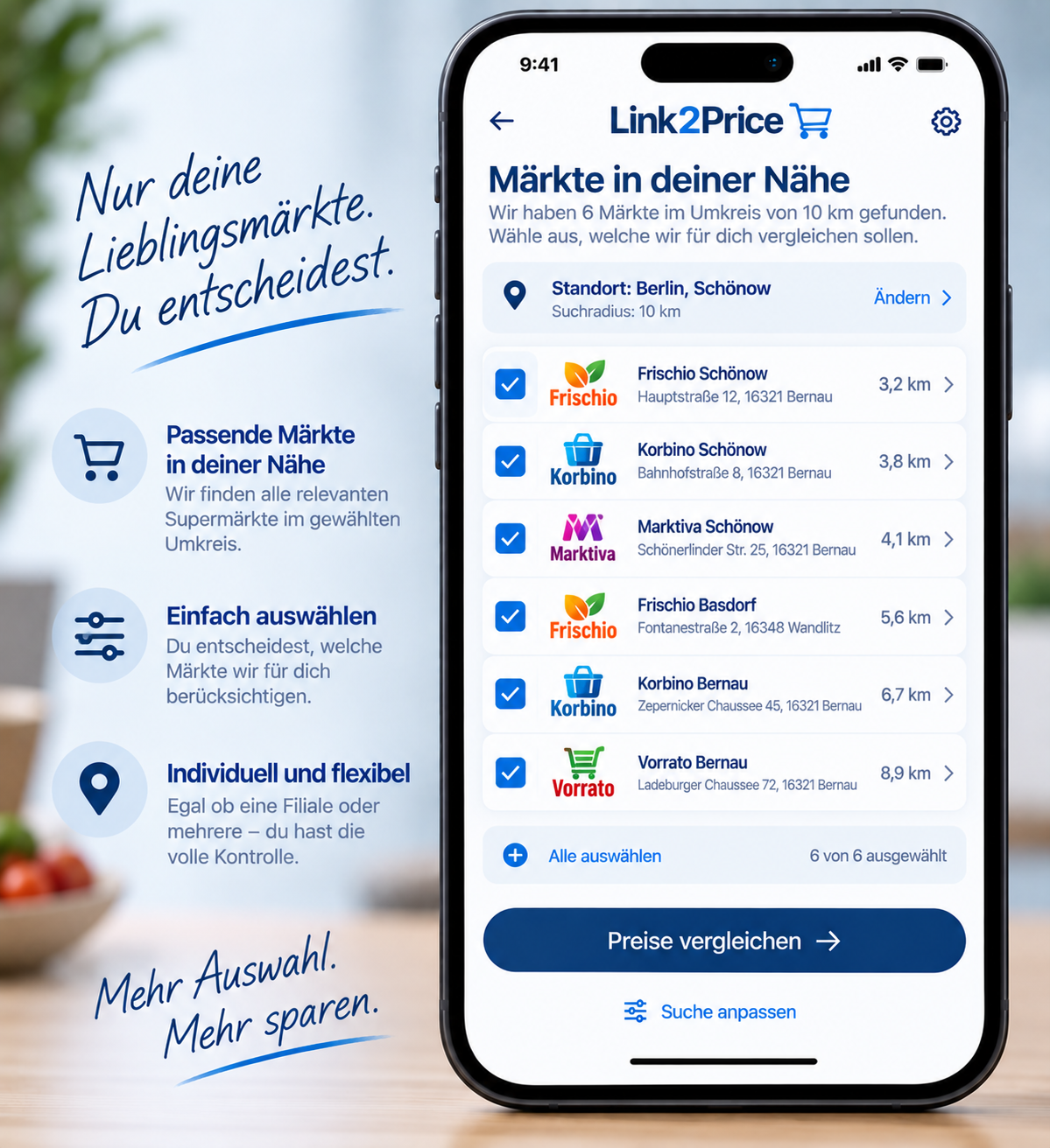 Link2Price Konzeptansicht: Märkte im Suchgebiet auswählen
