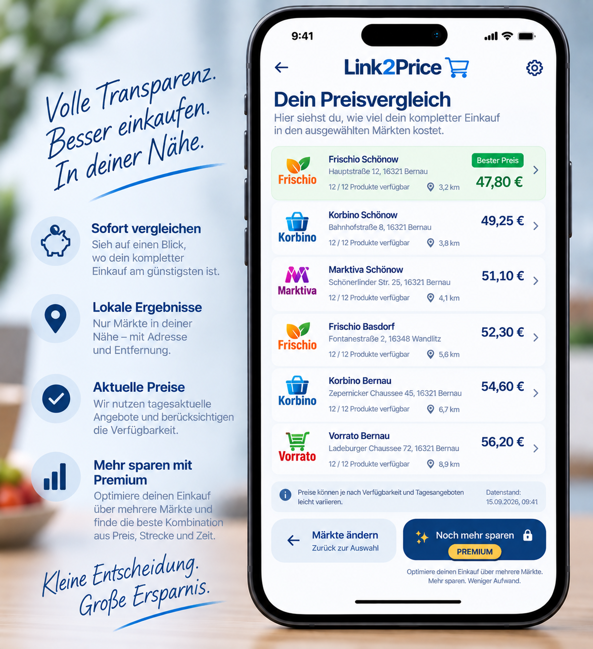 Link2Price Konzeptansicht: Preise des gesamten Einkaufs vergleichen