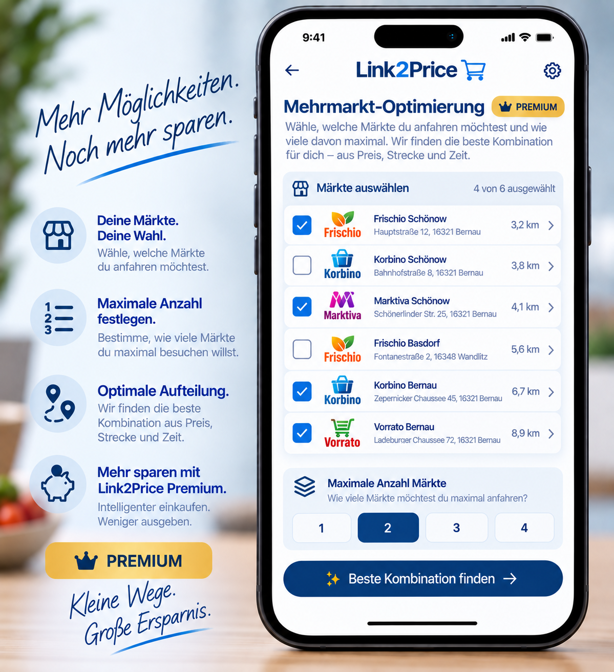 Link2Price Premium Konzeptansicht: Märkte für die Mehrmarkt-Optimierung auswählen