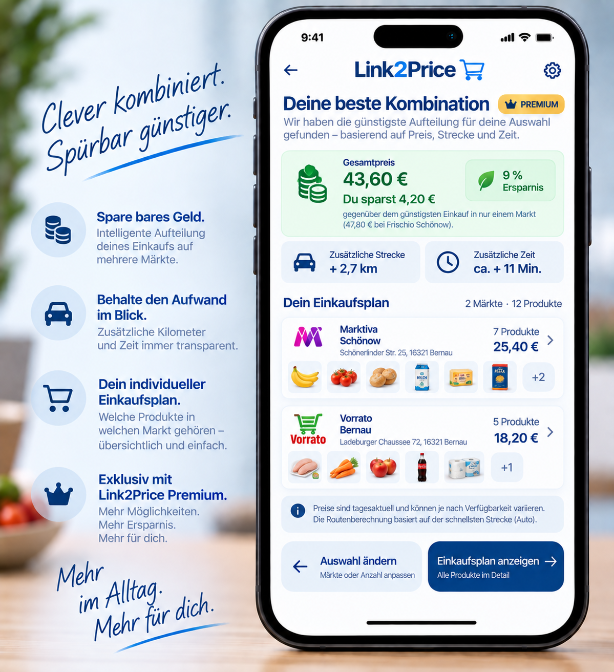 Link2Price Premium Konzeptansicht: günstigste Kombination mehrerer Märkte